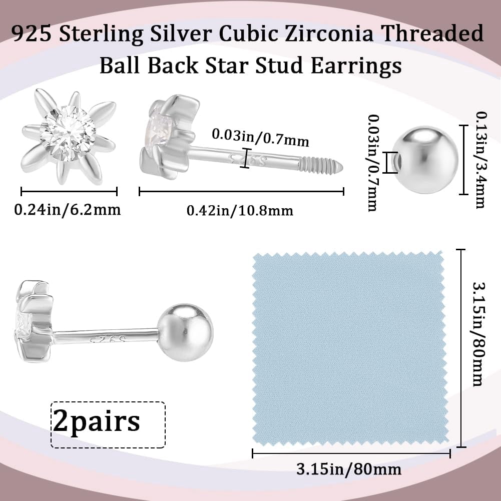 4Pcs North Star Earrings 925 Sterling Silver Star Cubic Zirconia Stud Earrings with Screw Ball Backs Tiny 5 x 5mm Clear