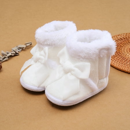 0-18M Baby Girls Bow Snow Boots Non Slip Soft Sole Toddler First Walker Winter Warm Crib Shoes