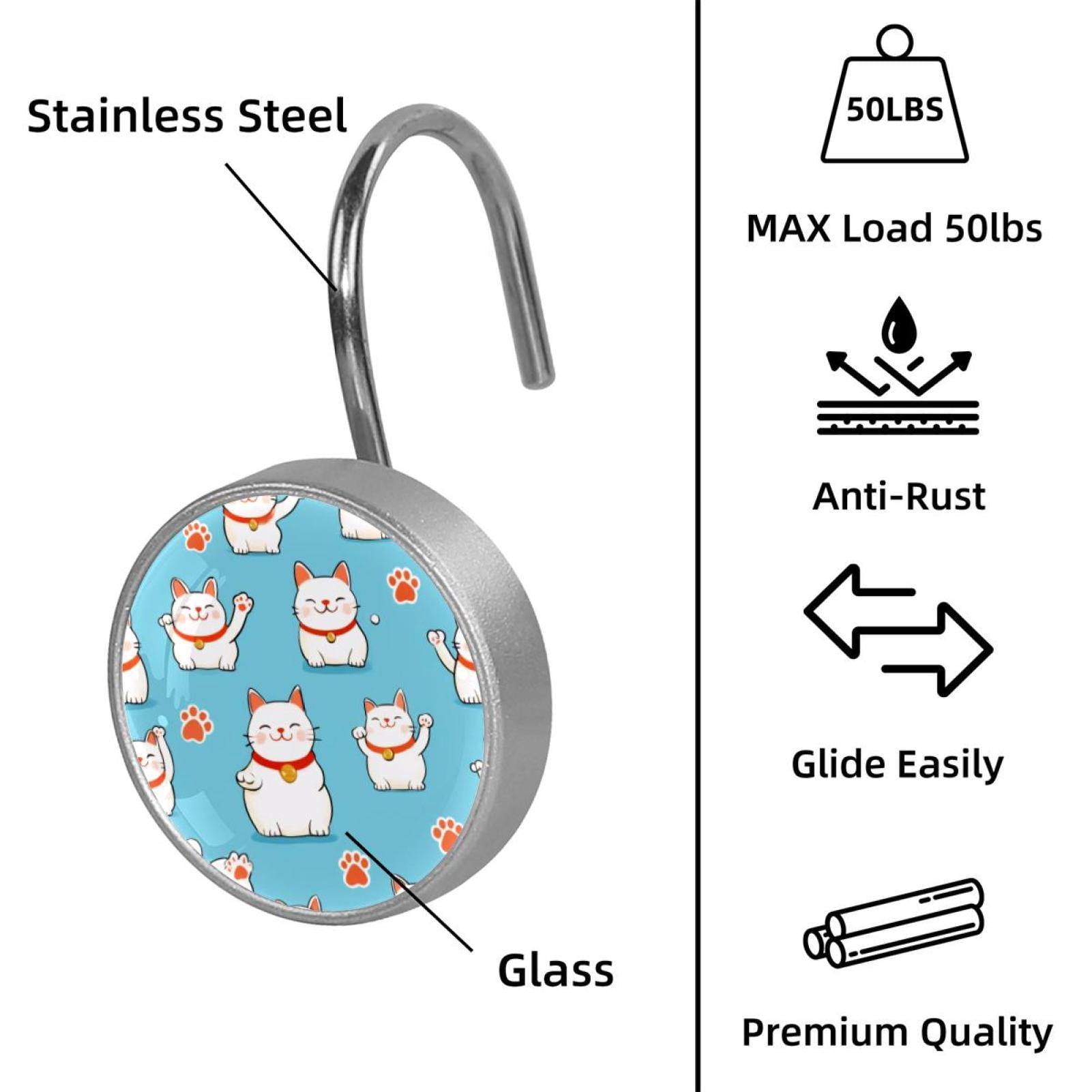 12pcs Decorative Shower Curtain Hooks, Rust Resistant Shower Rings for Bathroom Living Room,Rustproof Stainless Steel Rings for Shower Curtain and Liner Rods,Cartoon Lucky Cat Pattern