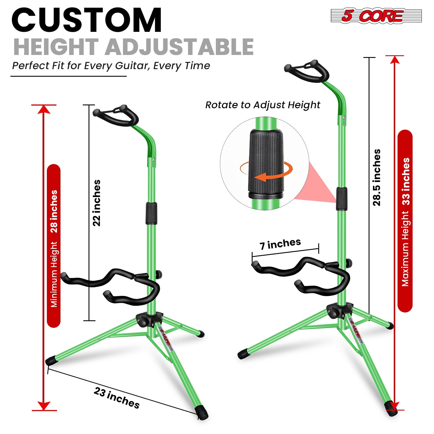 5 Core Guitar Stand Floor Adjustable Heavy Duty 2pcs w Neck Holder Universal Supports for Acoustic Electric Classic Bass Instrument Folding Portable Green - GSH HD GR 2pk