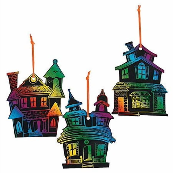 Halloween Artisanat de Rayure Magique pour les Enfants et les Adultes - Décorations d'Halloween DIY - Arts de la Maison Hantés et Ornements d'Artisanat - Comprend 24 Ornements de Maison Hantés, 24 Bâtons de Rayure, 24 Satin Co