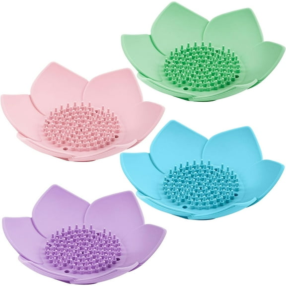 4 Pack Silicone Soap Dishes, Non-Slip Floral Shaped Design Self-draining Sponge Bar Soap Holder Flower Shape Soap Saver for Shower Bathroom Kitchen Sinks