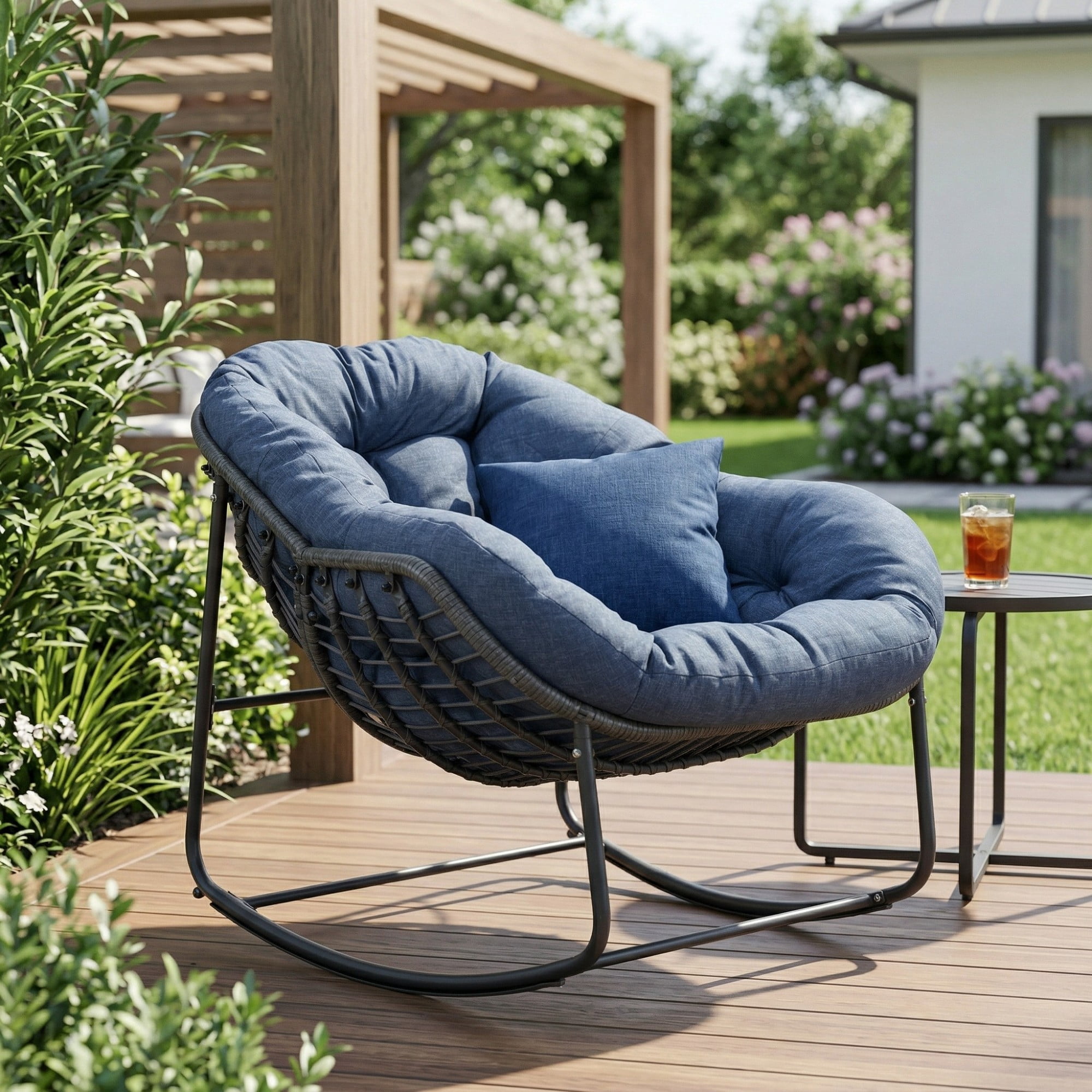 Outdoor Papasan Rocking Chair, Oversized Egg Rocking Chair with Cushion, Wicker Rattan Patio Rocker, Indoor Outdoor Lounge Chair for Porch Garden Living Room, Navy Blue