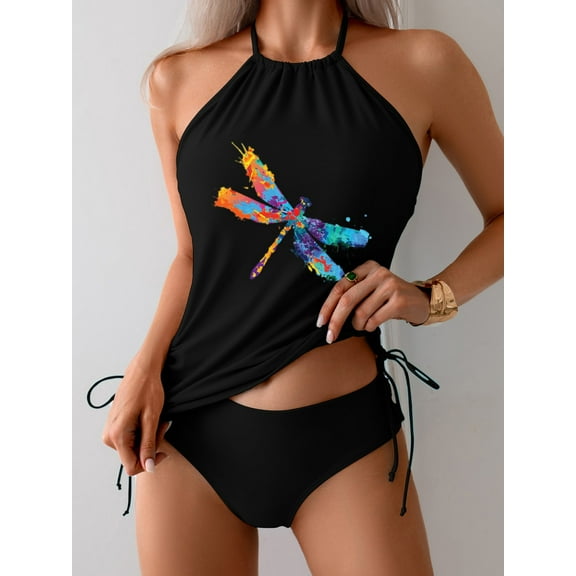 Women's Dragonfly Printed Swimsuit 2 Piece Tankini Sets Halter Skinny Tops With Low Rise Briefs Swimsuit Set For Summer Beachwear Diving Bathing Suits S