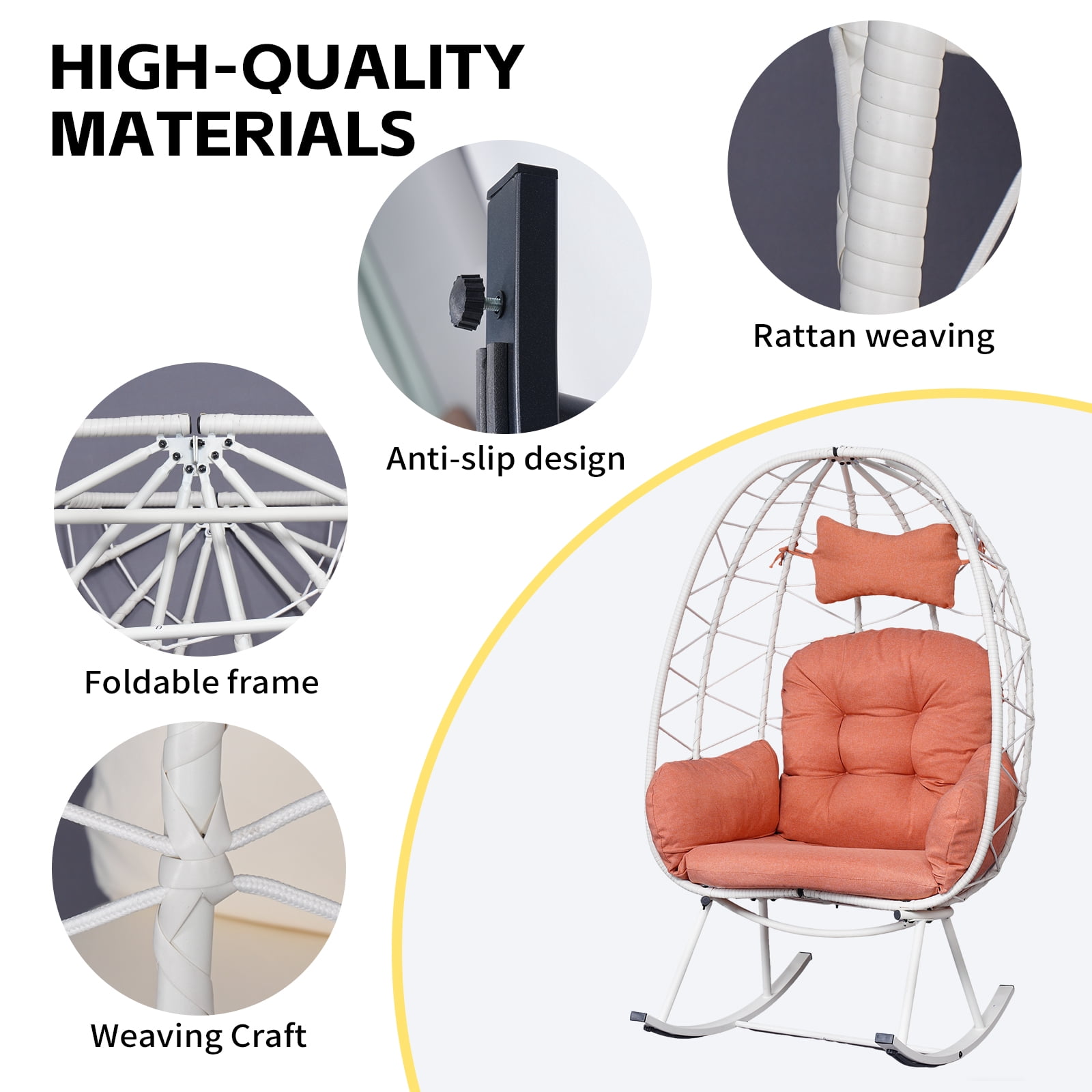 Foldable PE Wicker Egg Rocking Chair 330LBS, Cocoon Lounge Rocker with Thick Cushion & Pillow, Weather Resistant Rattan Single Chair for Patio Balcony Bedroom Living Room