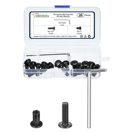 Furniture Connector Bolts Cap Nut Kit with Wrench(M6-1x20mm) 20Pcs, Connector Bolts M6 Countersunk Screw Barrel Nuts Binding Screws, for Chair Cabinet Bed, Black