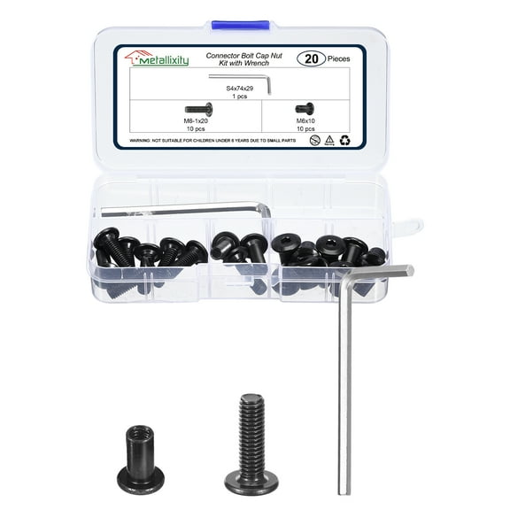 Furniture Connector Bolts Cap Nut Kit with Wrench(M6-1x20mm) 20Pcs, Connector Bolts M6 Countersunk Screw Barrel Nuts Binding Screws, for Chair Cabinet Bed, Black