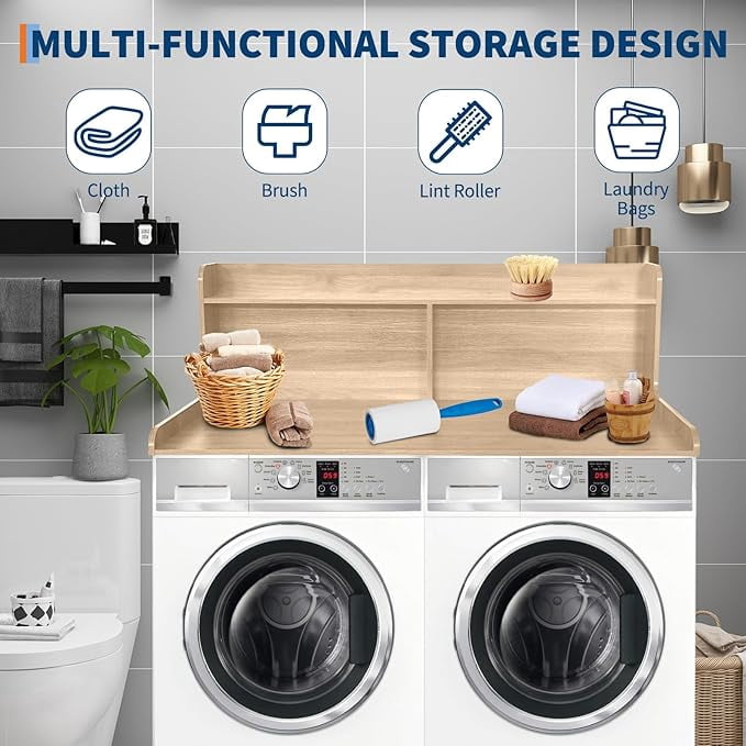 2 Tier Washer Dryer Countertop with Shelf, 54x27.5 Inch Waterproof Wood Laundry Room Topper, Large Washer and Dryer Topper with Storage for Laundry Organization, Wood Color