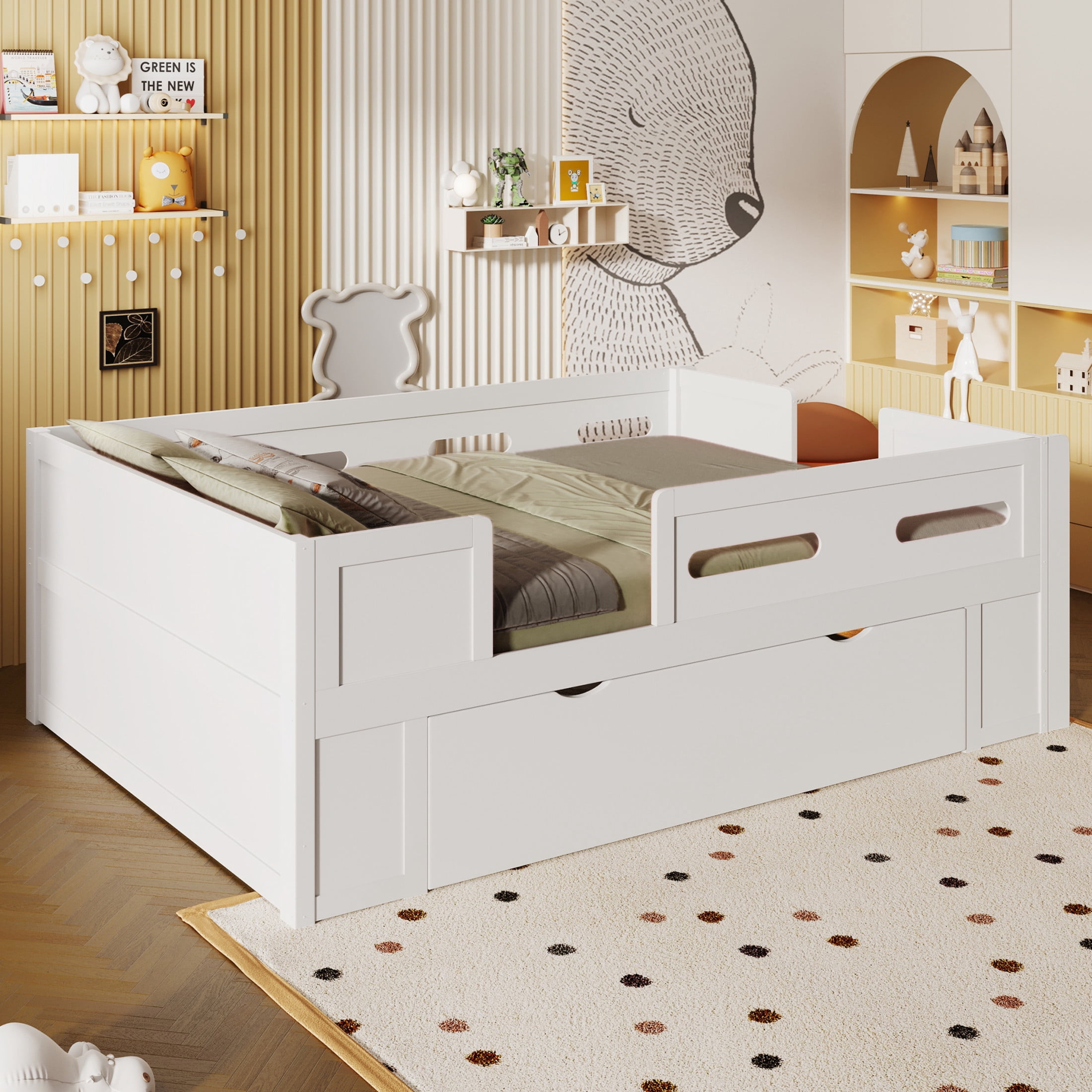 Noble House Genrix Twin Size Pine Wood Platform Bed with Guardrail and Storage Drawer, Kids Bed Frame, White