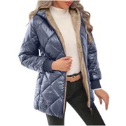 Gpaecead Women Winter Quilted Puffer Jacket Fleece Lined Hood Zip Fleece Coat Padded Long Outerwear Navy