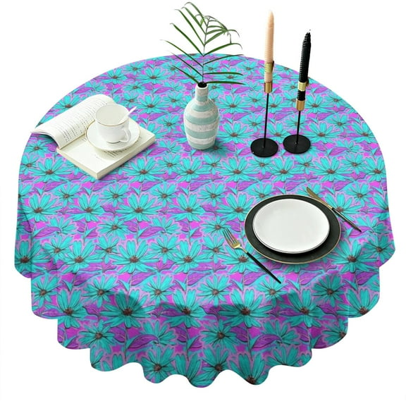 Daisy Flower Blue Blooms Pattern Round Tablecloth 60"x60",Wrinkle Wipeable Table Cloth for Kitchen Dining Room Picnic Patio Party
