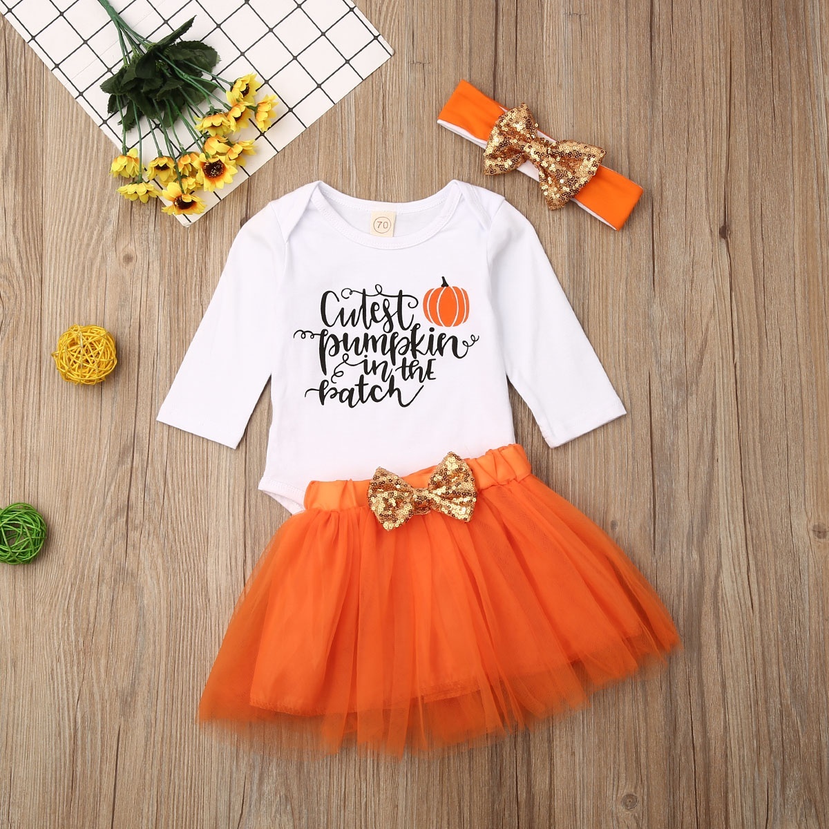Toddler Baby Girls Halloween Outfit Custom Ruffle T-Shirt Pumpkin Suspender Skirt+Headband Skirt Set