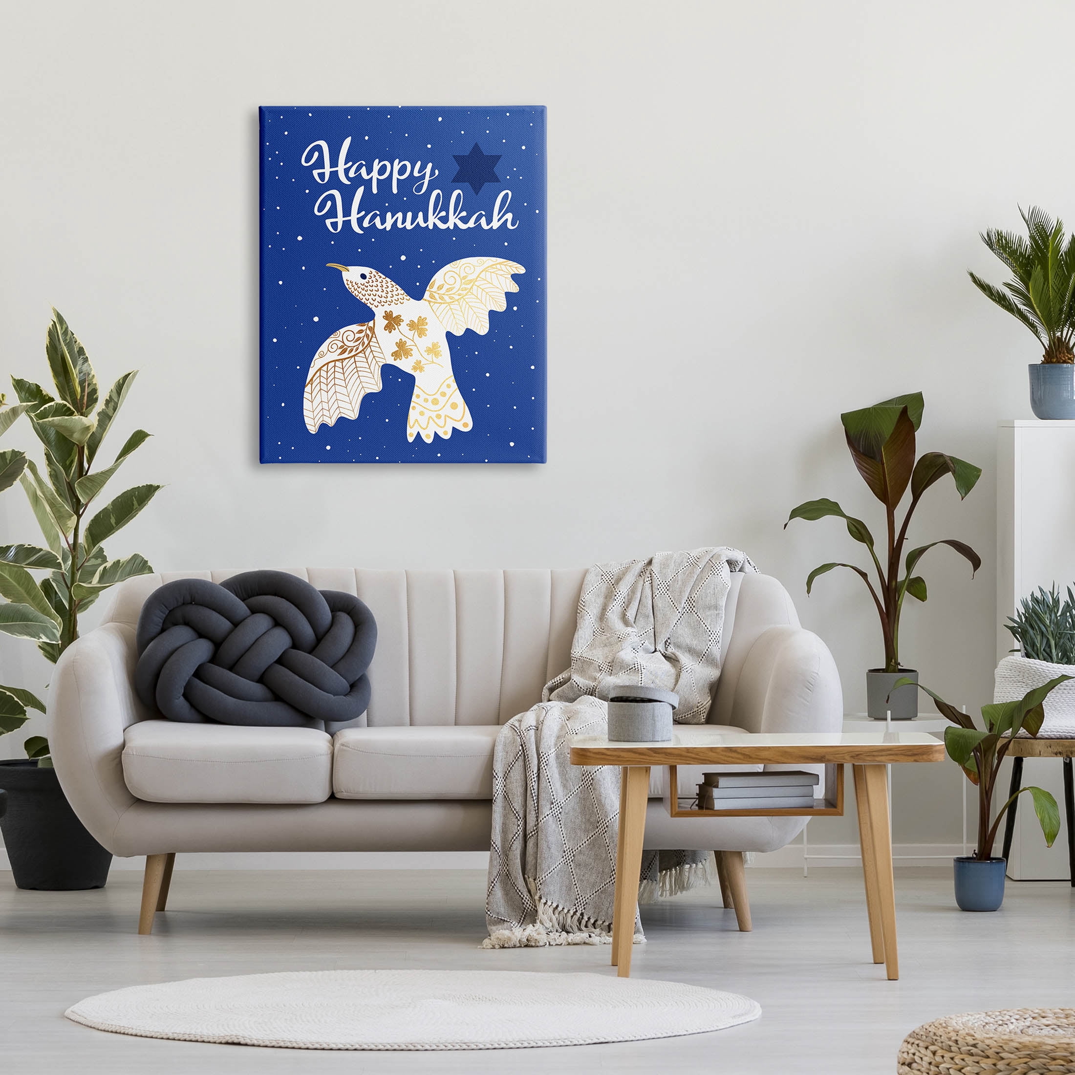 Happy Hanukkah Patterned Dove Holiday Graphic Art Gallery Wrapped Canvas Print Wall Art