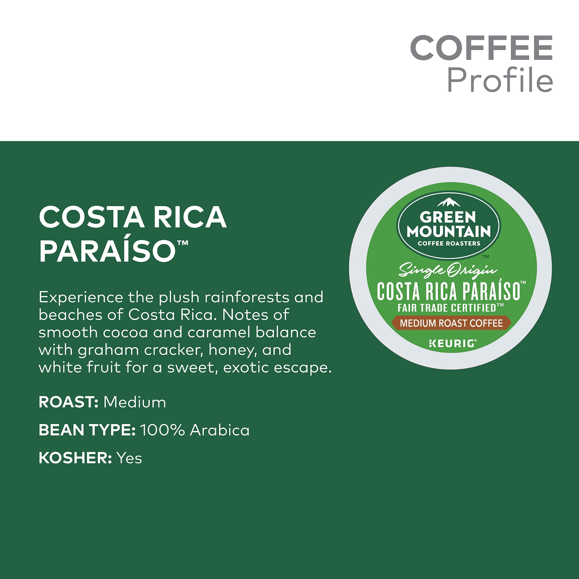 Green Mountain Coffee Costa Rica Paraiso Fair Trade Certified K-Cup Pods, Medium Roast, 18 Count for Keurig Brewers