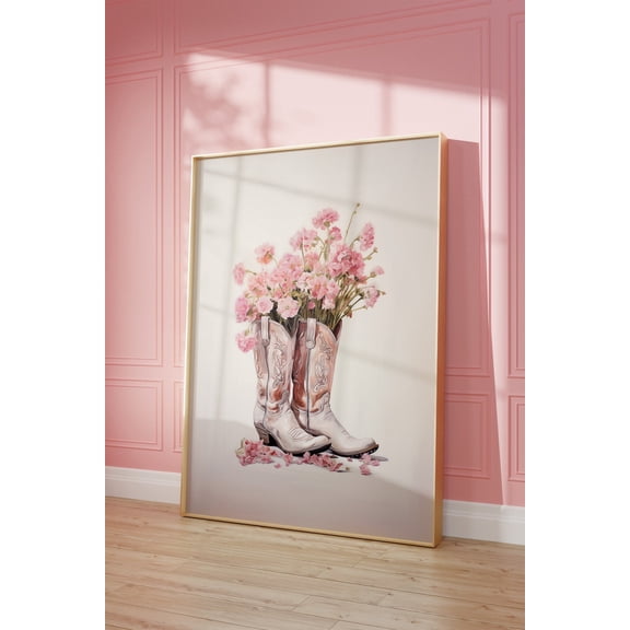 Cowgirl Boots Floral Print, Neutral Western Wall Art Home Decor #2418, Unframed Poster Size 8x12