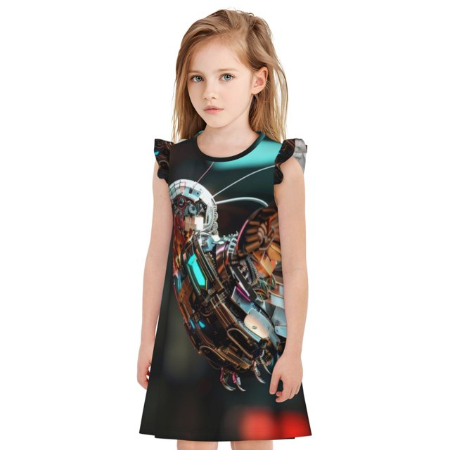 Fotbe Futuristic Robot Hummingbird Vestido de Dormir para Niñas de 3 a 10 Años, Mangas Cortas, Estilo Princesa, Pijama Camisón con Mangas Voladas-Small