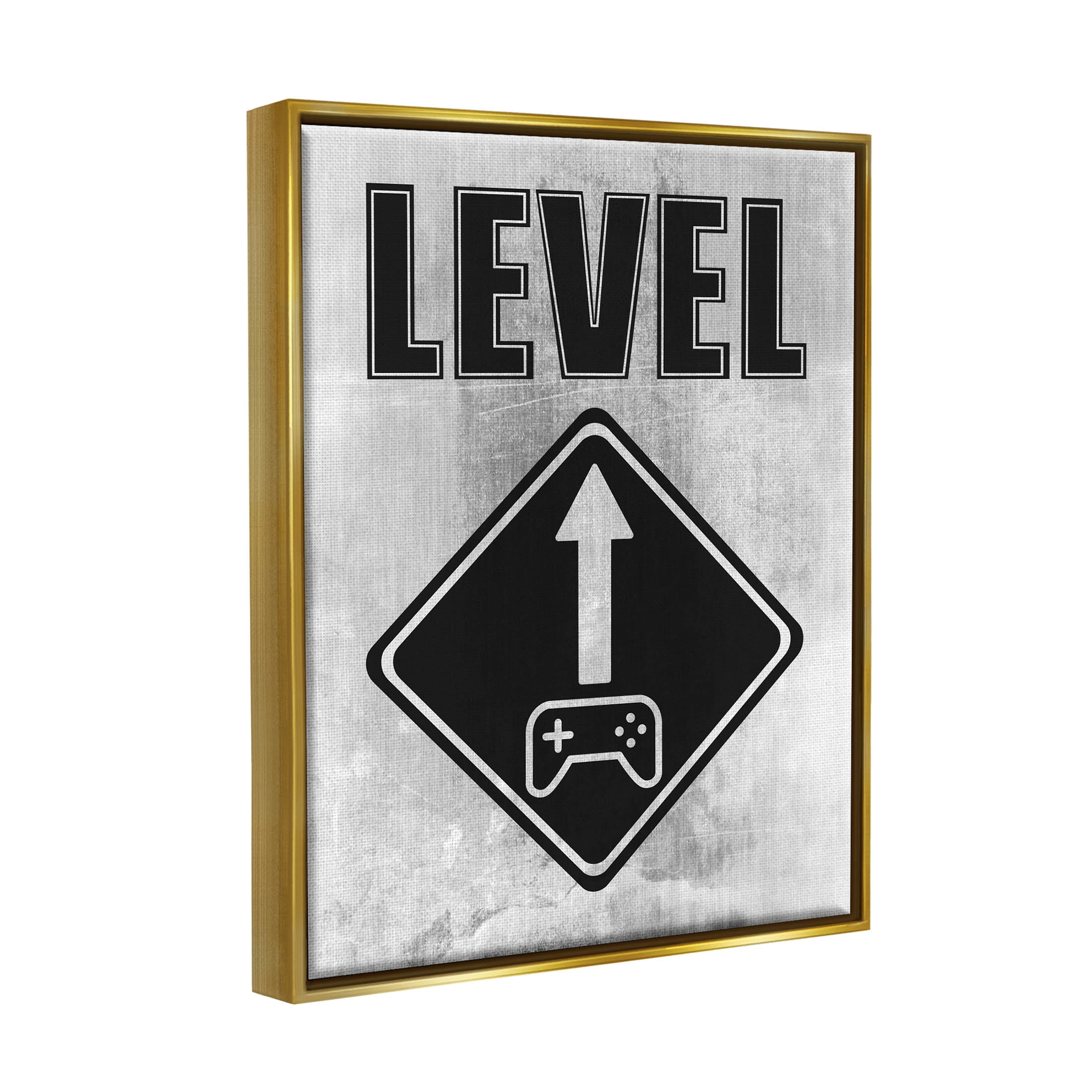 Stupell Industries Level Up Gaming Symbol Sign Graphic Art Metallic Gold Floating Framed Canvas Print Wall Art, Design by Marcus Prime