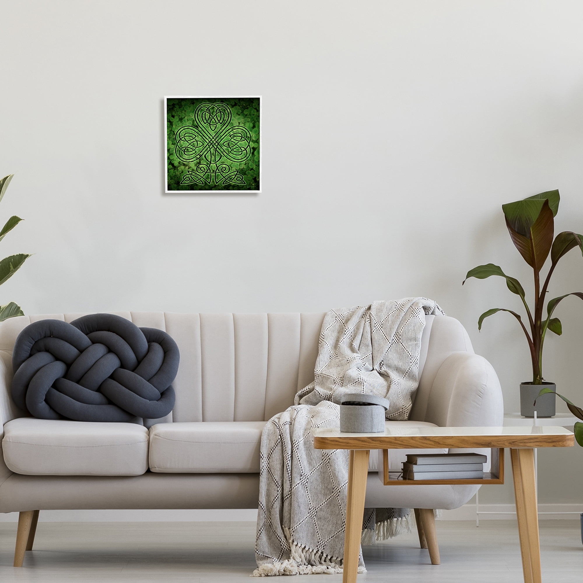 Stupell Industries Green Celtic Shamrock Knot Abstract Painting White Framed Art Print Wall Art, 12 x 12