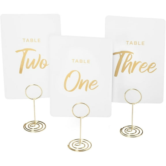 Gold Table Number Holders 1-30 Wedding Set | Elegant Double Sided Gold Foiled Table Number Seating Cards with Golden Metal Place Card Stands