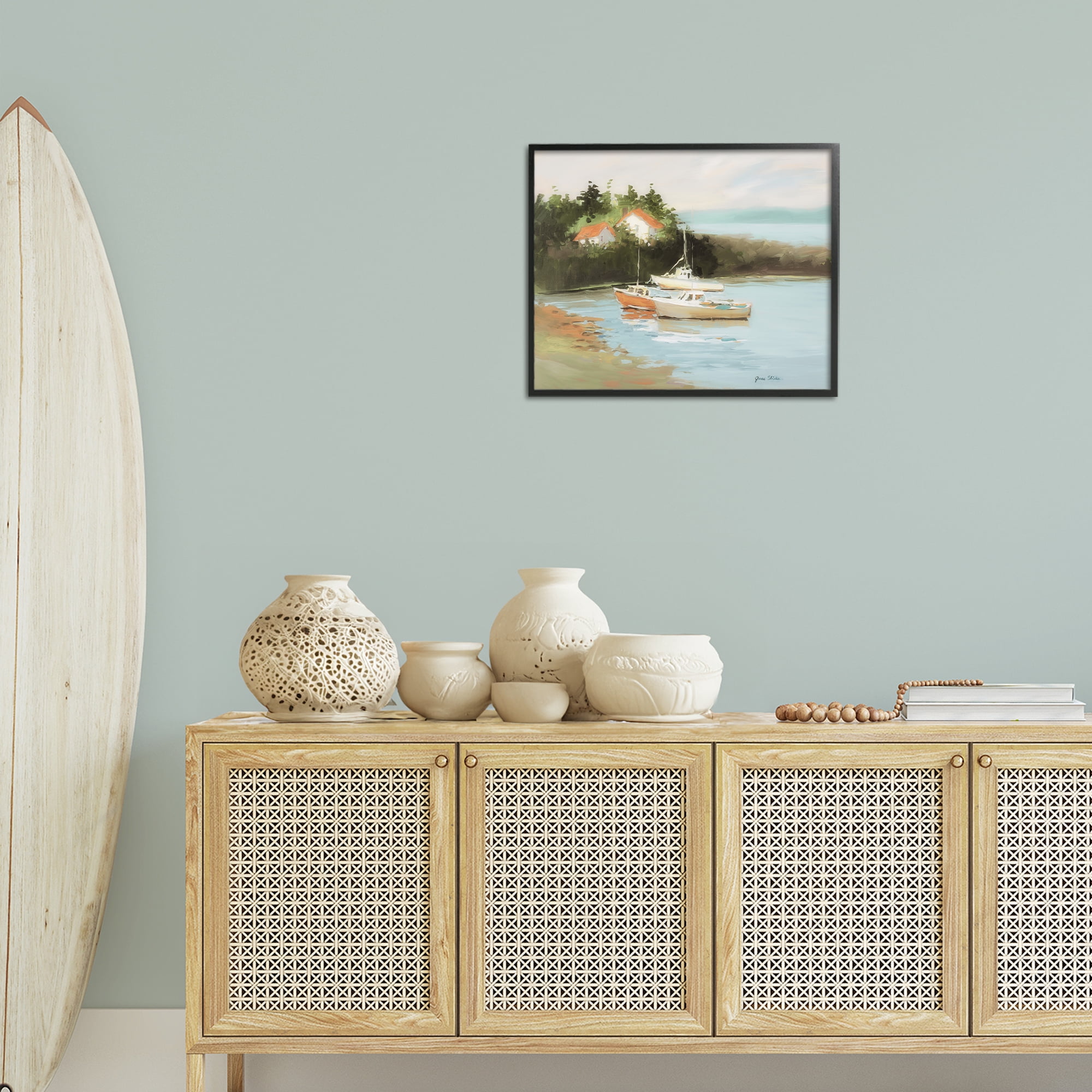 Stupell Industries Calm Boat Harbor Coastal Painting Black Framed Art Print Wall Art, 20 x 16