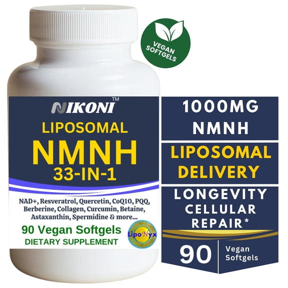 Nikoni Liposomal NMNH Dietary Supplement 33-in-1 1000mg NMNH Healthy Aging Cellular Energy Vegan 90 Softgels
