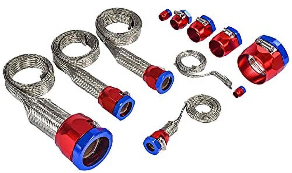 JEGS Braided Hose Sleeving Kit with Clamps [Red and Blue Anodized Hose Clamp Covers]