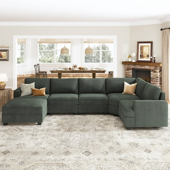 HONBAY Sectional Corduroy Sleeper Sofa Bed U Shaped Convertible with Hidden Storage Ottomans for Living Room, Green