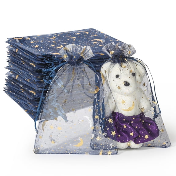 100 Pieces Moon Star Organza Jewelry Candy Bags, 4x6 Inch Organza Pouch Small Gift Bags with Drawstring for Christmas Party Favors Wedding Valentine's Day Eid Mubarak Party Favor Bags
