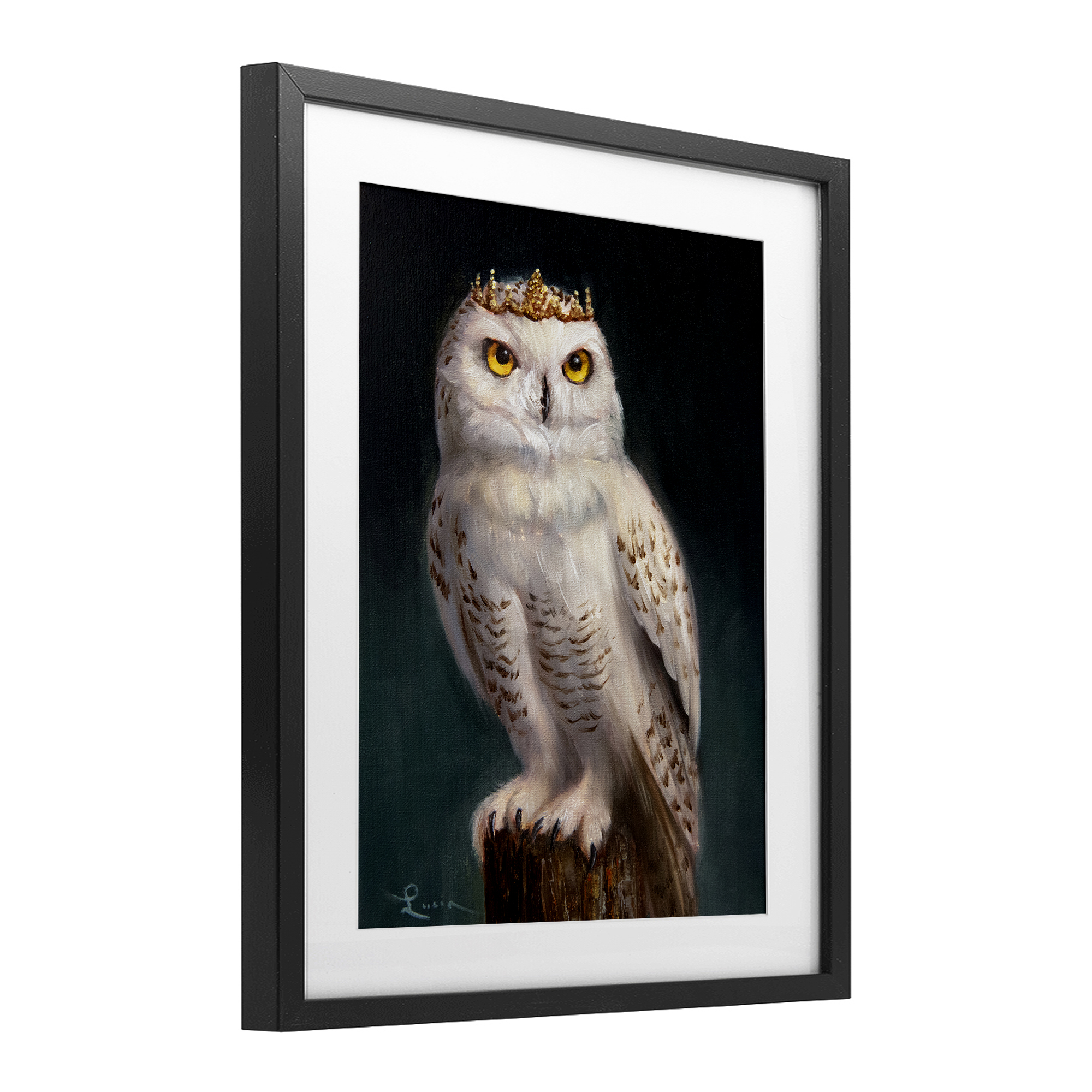 Snowy Owl King Black Framed Print Under Glass, design by Lucia Heffernan