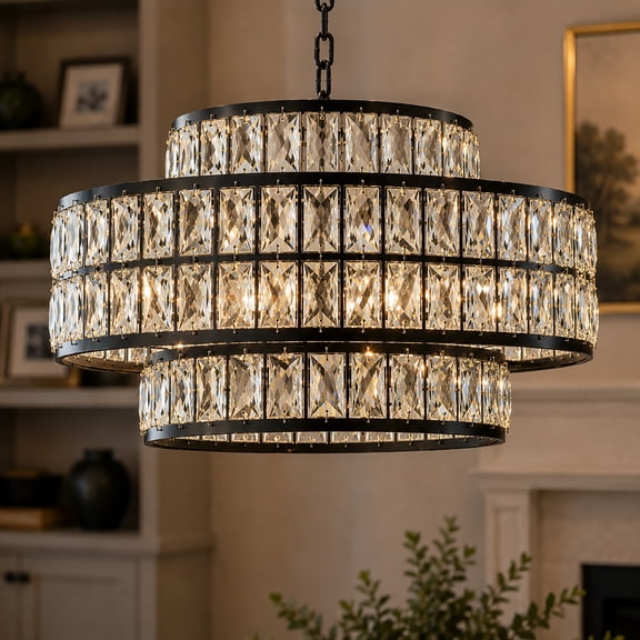 22'' Modern Crystal Chandelier 6-Light Matte Black Tiered Drum Pendant Light Fixture for Dining Room and Kitchen