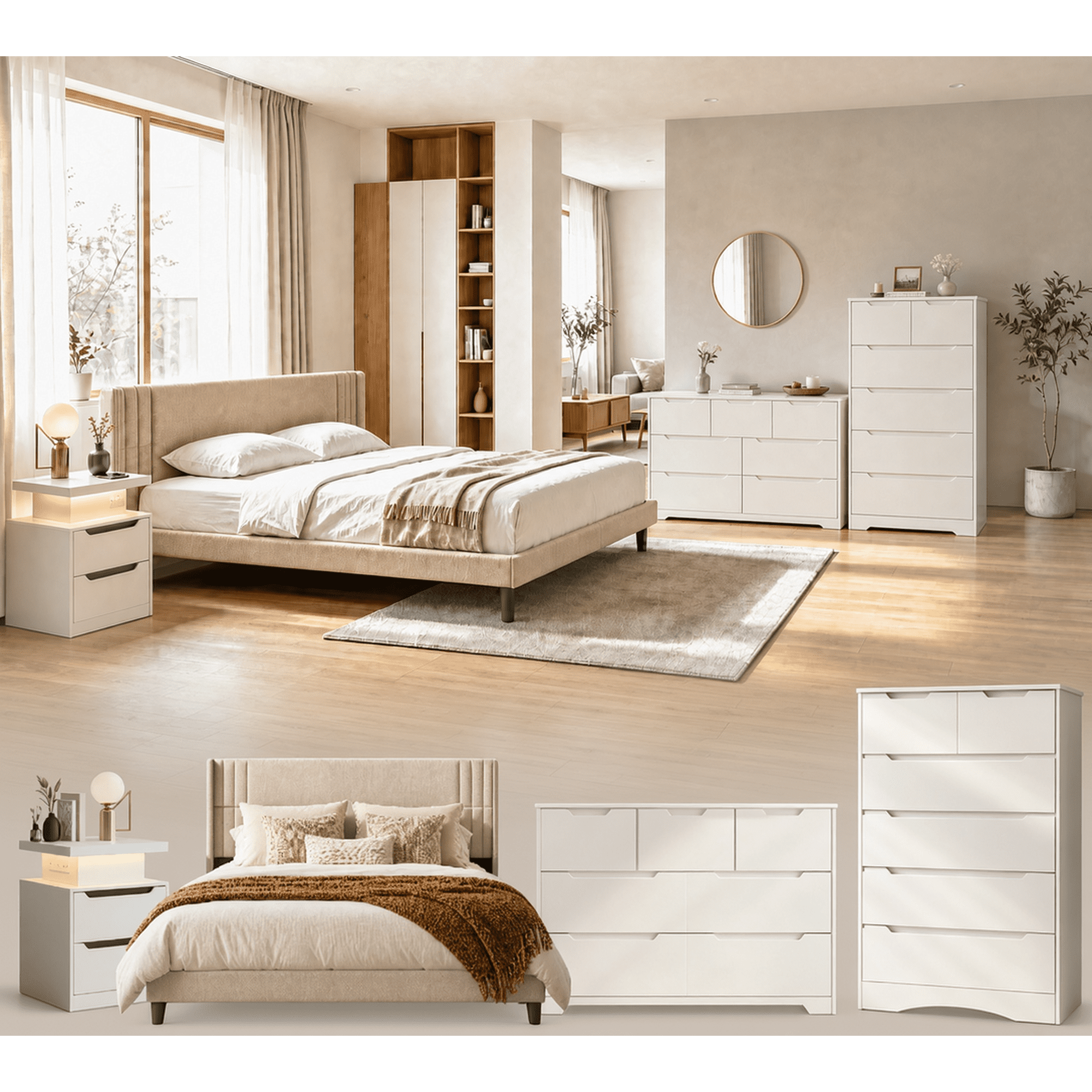 4-Piece Complete Bedroom Furniture Set, Upholstered Queen Platform Bed Frame, LED Nightstand, Wide Dresser & Tall Chest of Drawers, Modern White Storage Bedroom Collection for Apartment Guest Room