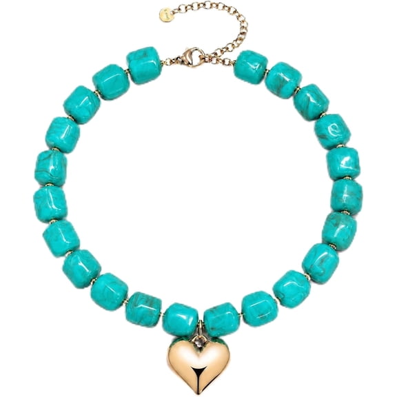 SUETOR Teal Chunky Beaded Necklace for Women, Trendy Boho Beach Summer Statement Necklace with Large Heart Pendant, Big Resin Beads Choker, Y2K Vacation Jewelry Gift