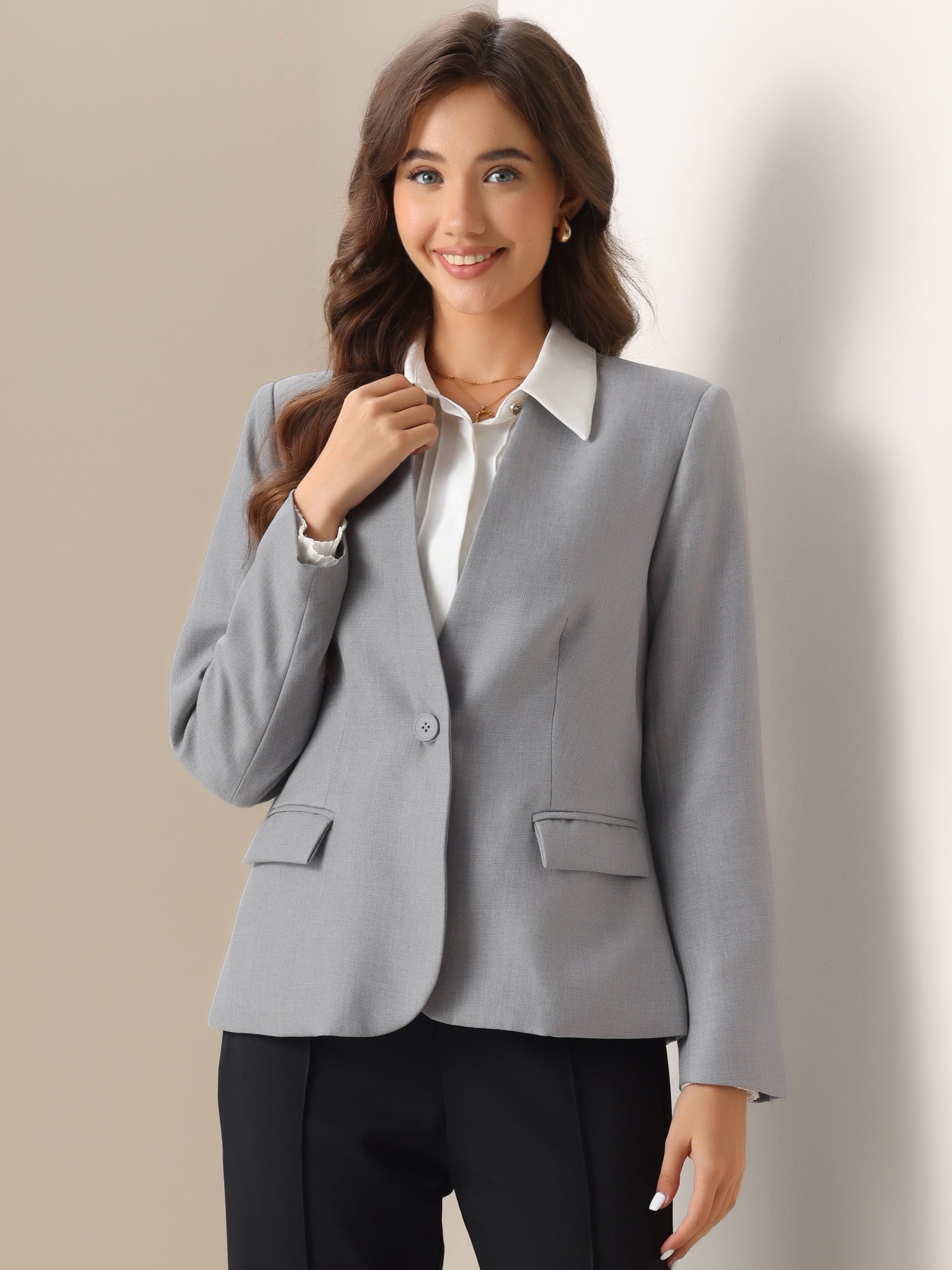 DARING DIVA Women's 1 Button Stylish Collarless Blazer Work Suit L Grey
