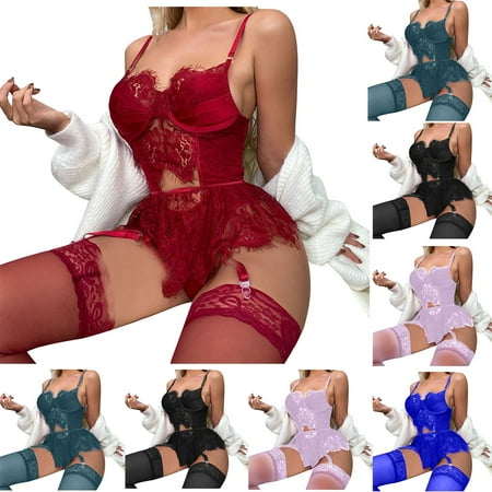 Elainilye Fashion Lingerie Sets for Women Sexy Exquisite Lace Lingerie Bra Garter Briefs Set Cut-Out Sleepwear Purple