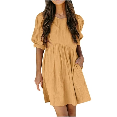 

Floleo Women s Dress Clearance SummerFashion Summer Casual Round-Neck Solid Short Sleeve Loose