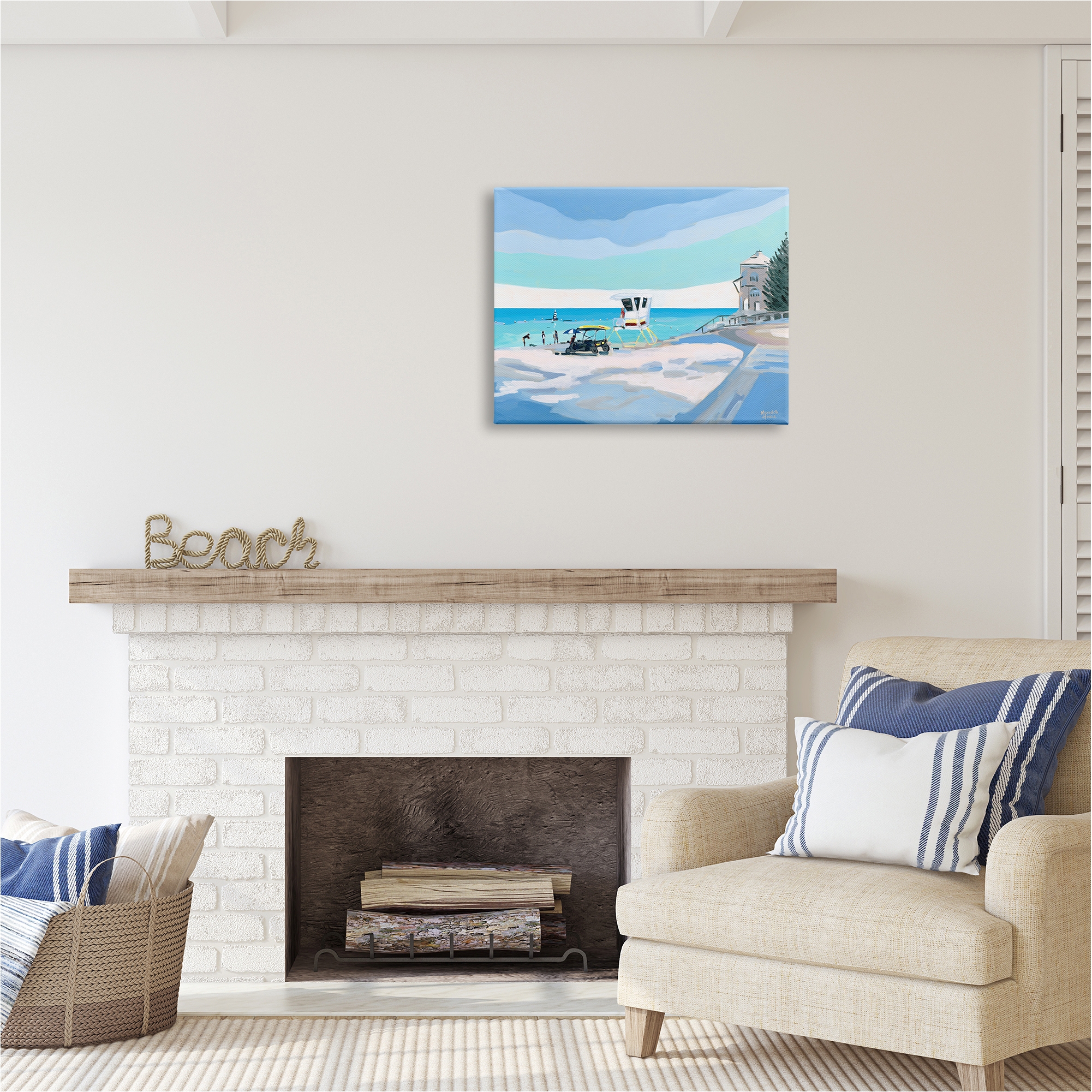 Stupell Industries Blue & White Beach Landscape Painting Gallery Wrapped Canvas Art Print Wall Art, 30 x 24