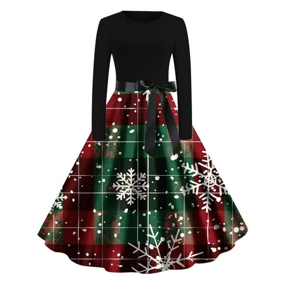 Cavosen Christmas Fall Dress for Wedding Guest Crew Neck Long Sleeve Midi Evening Gowns Ball Dress Elegant A Line Wedding Guest Cocktail Party Dress