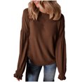 thumbnail image 3 of Jinhomg Knitted Sweatshirt for Women Casual Solid Color Fall Lounge Tops Loose Fit Comfy Long Ruffle Sleeve Crewneck Knit Pullover Coffee XXL, 3 of 7