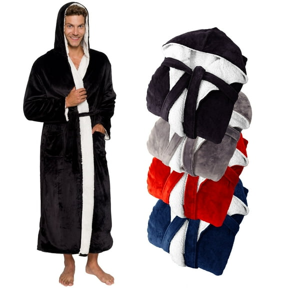 Ross Michaels - Men's Big & Tall Full Length High Pile Fleece-Lined Plush Hooded Bathrobe - Jet Black, 2X Large/3X Large