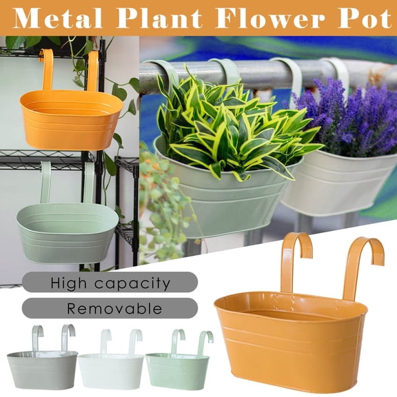 Metal Plant Flower Pot Oval Fence Balcony Hanging Planters with Removable Double Hooks for Indoor Outdoor Home Garden Wall Decoration Gray