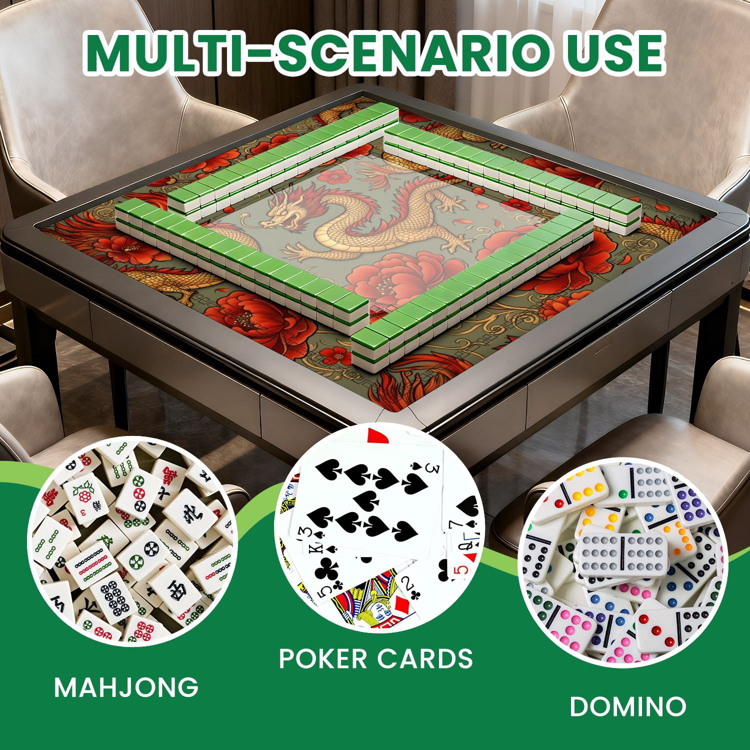 Mahjong Mat 31.5" x 31.5" Japanese style vintage seamless horned fantasy dragon chrysanthemum Non-Slip Noise Reduction American Mahjong Tiles Table Cover for Dominoes Poker Card Board Games Gift