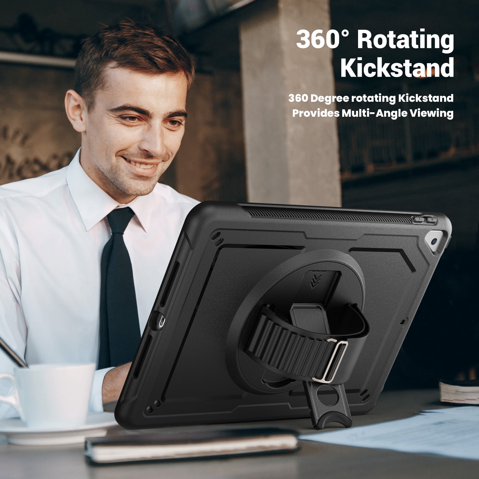 ELEHOLD Case for Apple iPad 10.2 2021/2020/2019 Pro 10.5'2017)(Air 3 10.5 (2019),Soft TPU Rugged Durable Case with 360° Rotating Hand Strap & Foldable Hidden Stand & Pencil Holder,Black