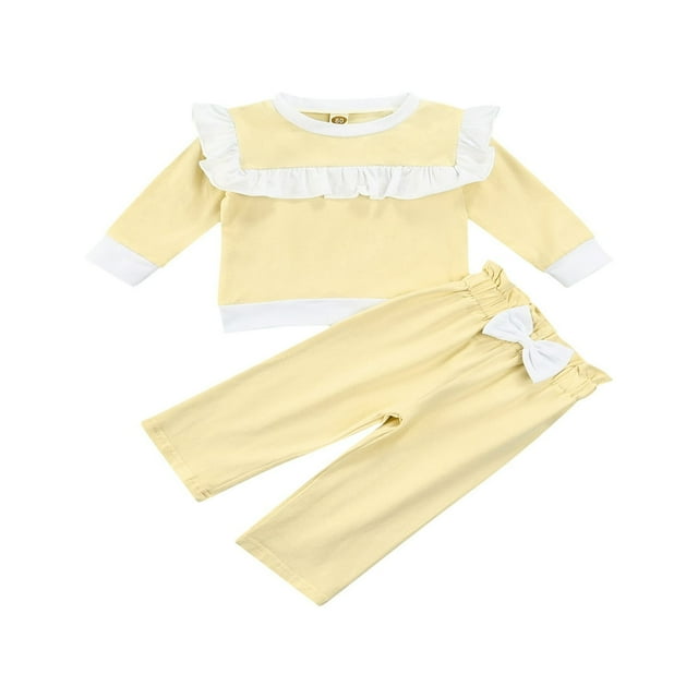 Infant Toddler Baby Girls Clothes Ruffles Long Sleeve Pullover Solid Sweatshirt Tops Pants 2PCS Sets Beige 6-12 Months