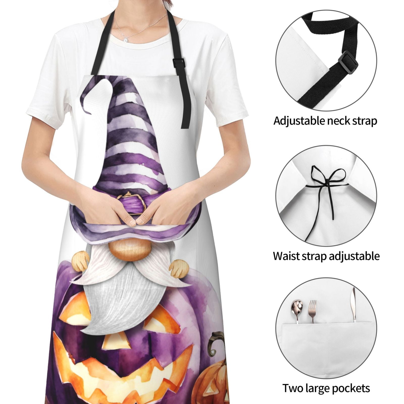 Kdxio Halloween Gnome With Pumpkins Apron with Pockets Adjustable Kitchen Aprons for Men Women Waterproof Aprons for Cooking,Drawing,Crafting, Baking Household Cleaning