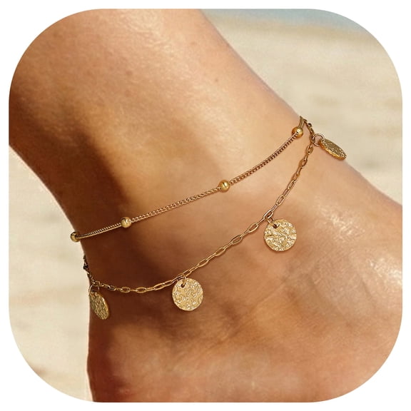 FindChic Ankle Bracelets for Women Waterproof Gold Plated Layered Stainless Steel Anklets Adjustable Summer Beach Jewelry Birthday Mothers Day Gifts for Her/Mom/Wife, 8.5-10.5inch