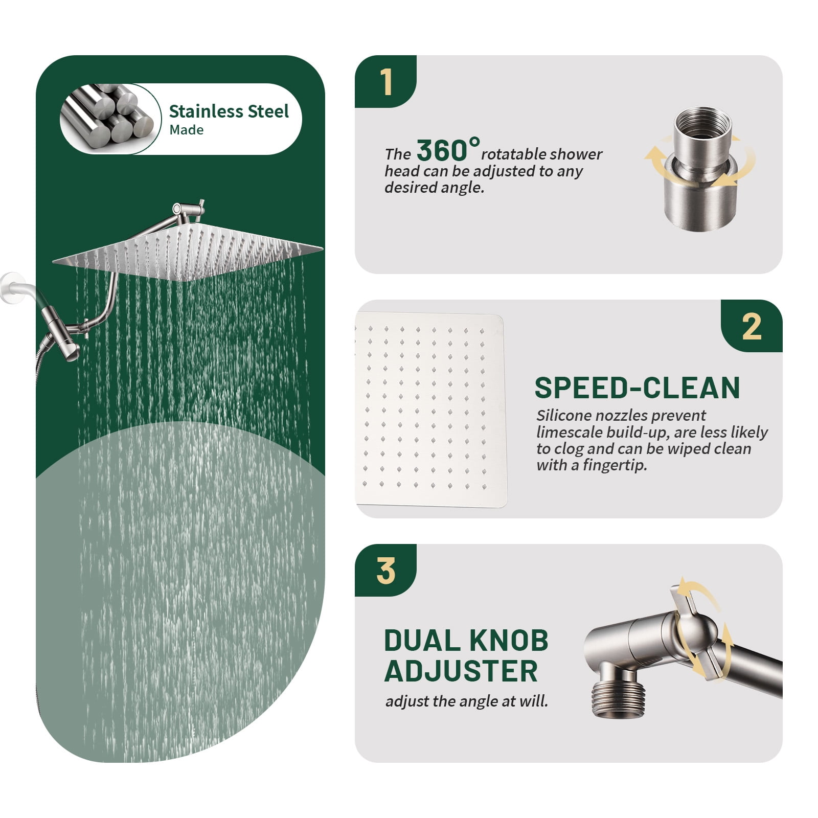 Cobbe 12-Inch Dual Shower Heads with Handheld Spray Combo, 3-Way Rain Shower Head, 9-Spray Patterns Handheld Shower, Brushed Nickel