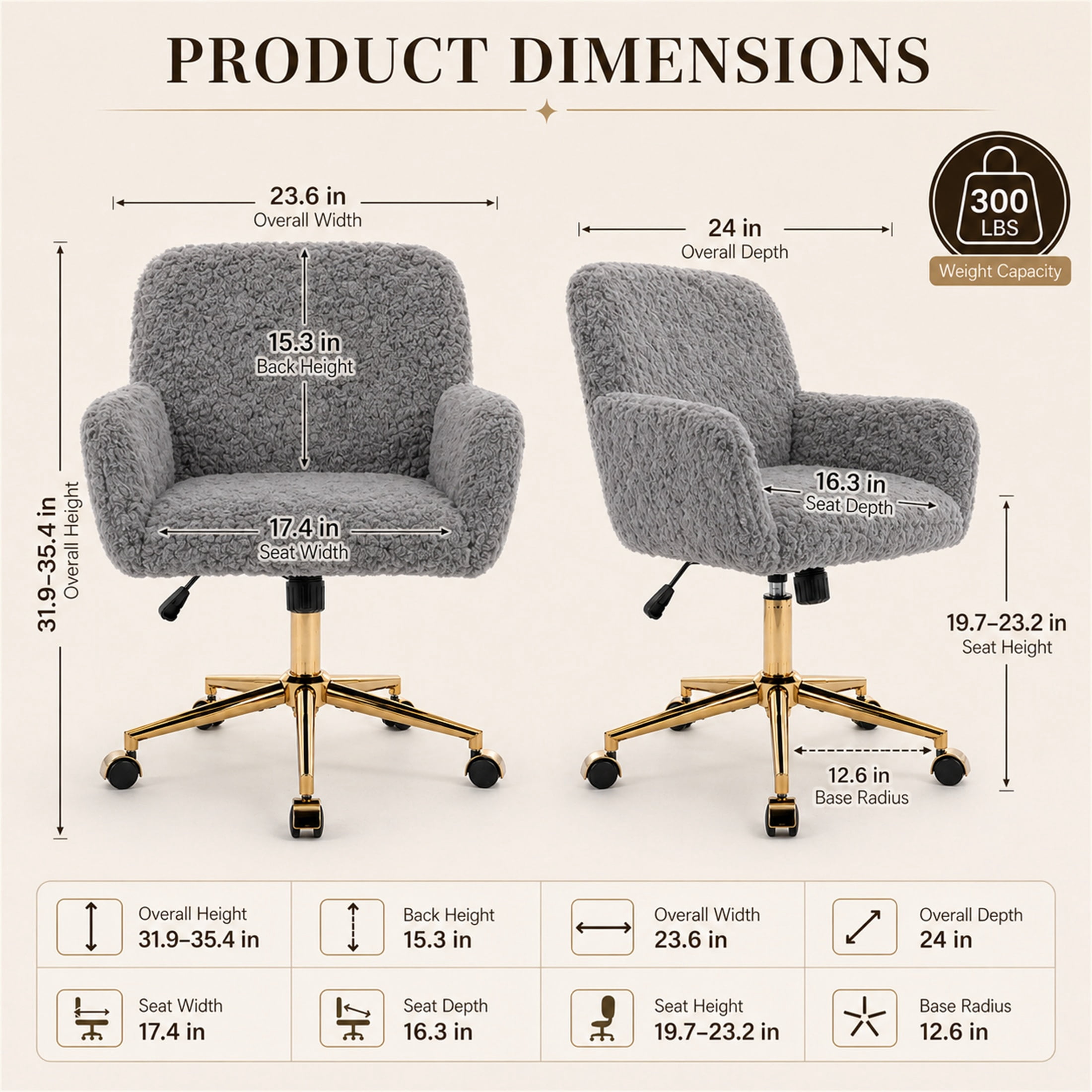 SESSLIFE Vanity Chair, Height Adjustable Velvet Makeup Chair, Comfy Home Desk Chiar with Gold Legs, 360° Swivel Office Chair for Bedroom, Gray