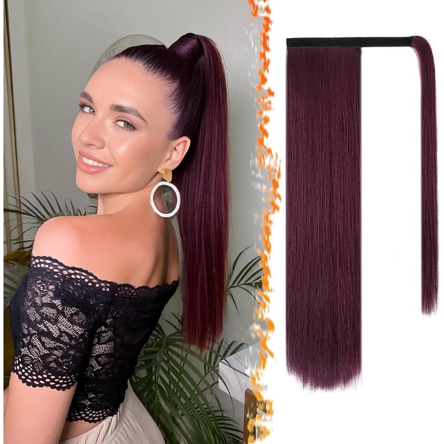 BARSDAR Extension de Queue de Cheval Droite Enveloppante Bourgogne Foncé - Queue de Cheval Droite Enveloppante de 18 Pouces de Long pour Femmes, Extensions de Cheveux Synthétiques à Clip en Queue de Cheval Rouge Postiches Quotidiens