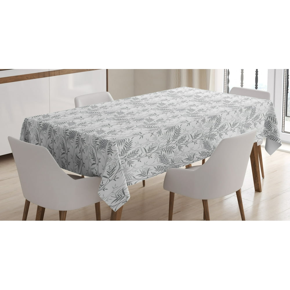 Grey and White Tablecloth, Monochrome Abstract Leaves Rural Field