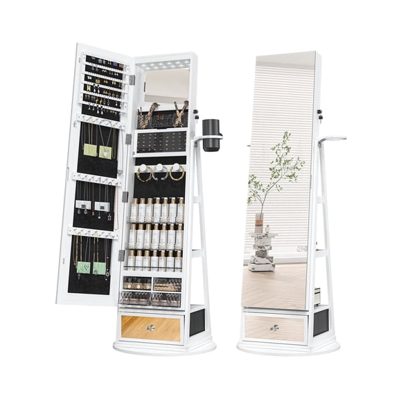 Mvvte 64.1” Mirror Jewelry Cabinet Standing, 360° Swivel Jewelry Armoire with Drawer LED Lights, Full Length Mirror Jewelry Organizer with Lockable Storage, White